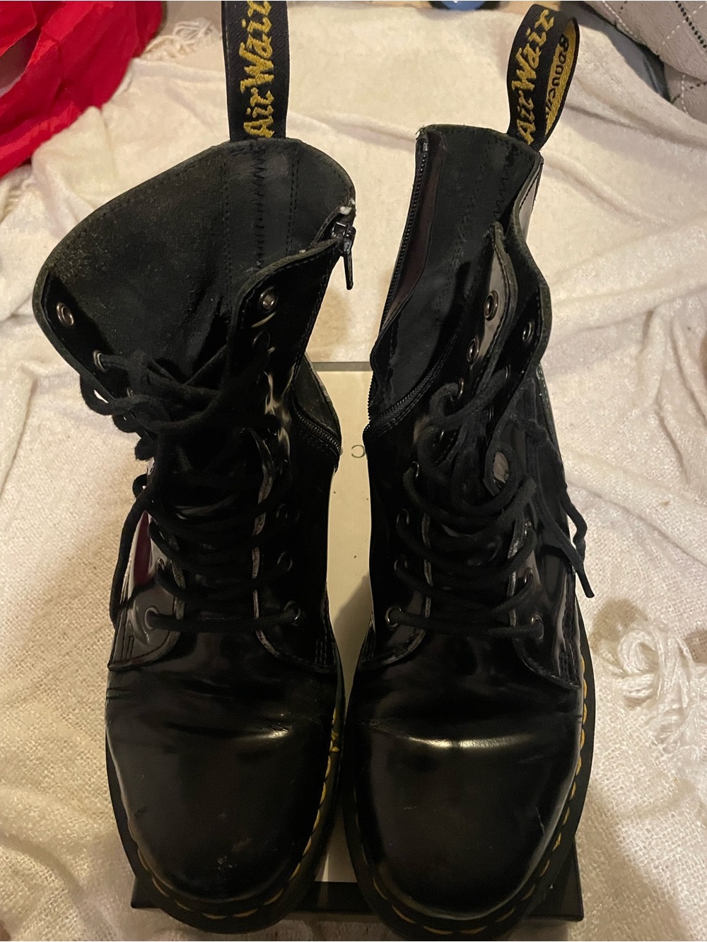 Dr. Martens Black Leather Lace-Up Boots with Yellow Stitching